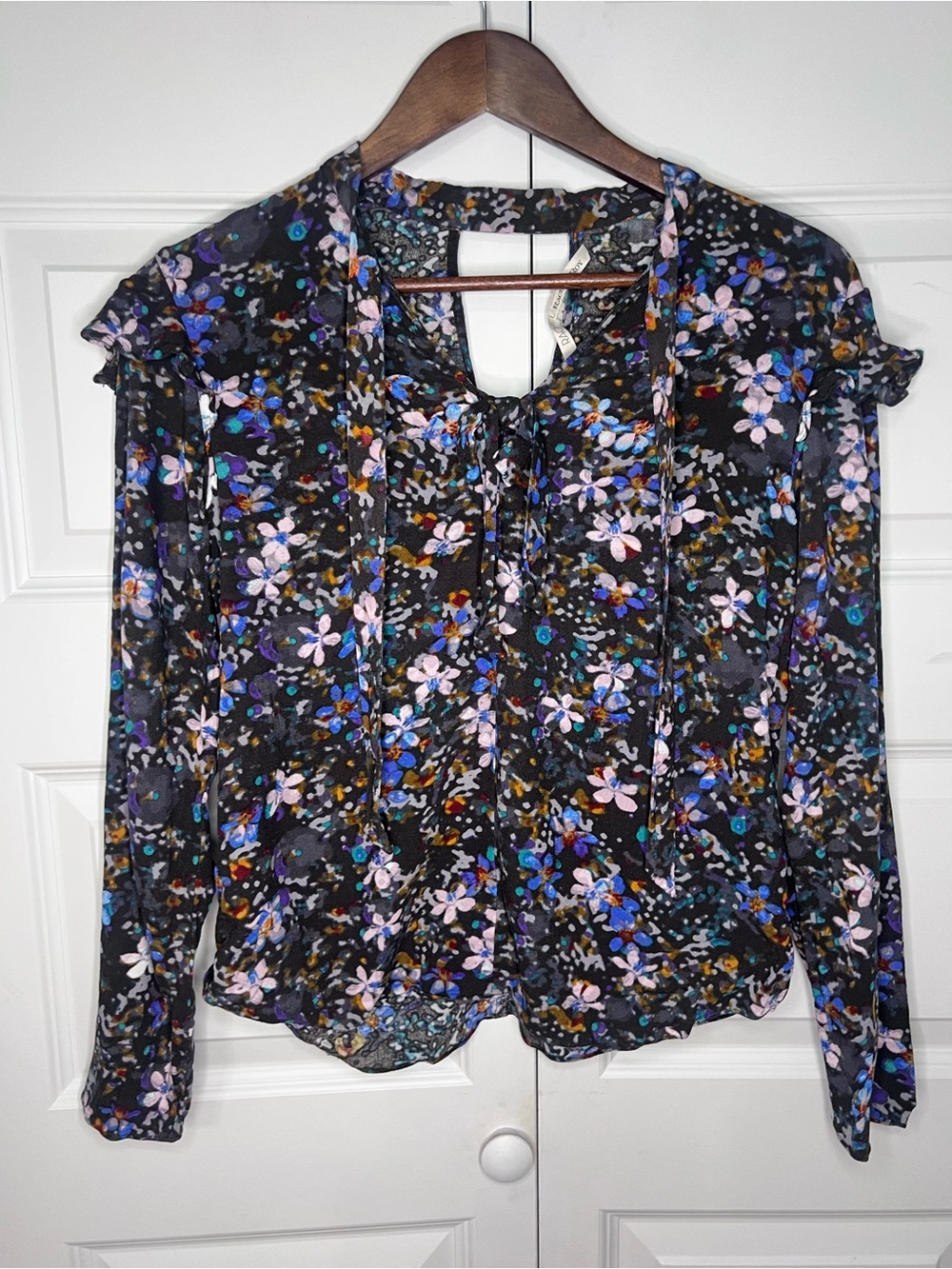 Rachel Rachel Roy Floral Blouse Black Blue Purple Long Sleeve Size 8